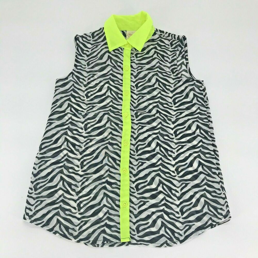 Faded Glory Girls Sleeveless Button Shirt Zebra Print Neon Yellow Sz M 7-8